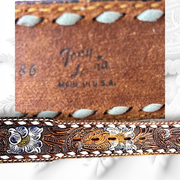 Tony Lama Monogrammed Martha Handmade Floral Brown Blue HOT Kitsch Leather Belt - Picture 3 of 8